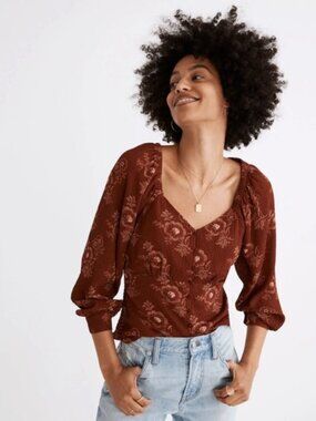 MADEWELL Preston Puff-Sleeve Top in Letterpress Floral STAINED MAHOGANY MEDIUM
